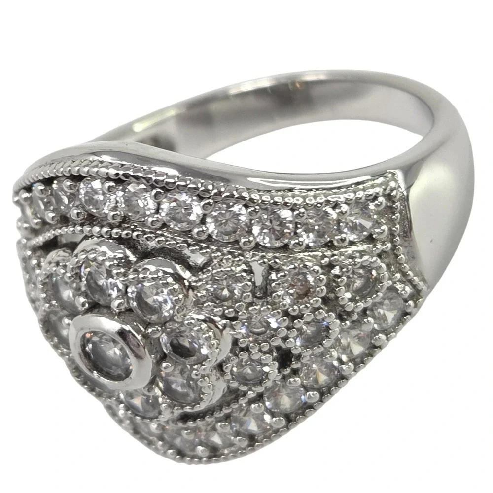 Vintage Sterling Silver Rhodium CZ Flower Dome Cocktail Statement Ring Size‎ 8